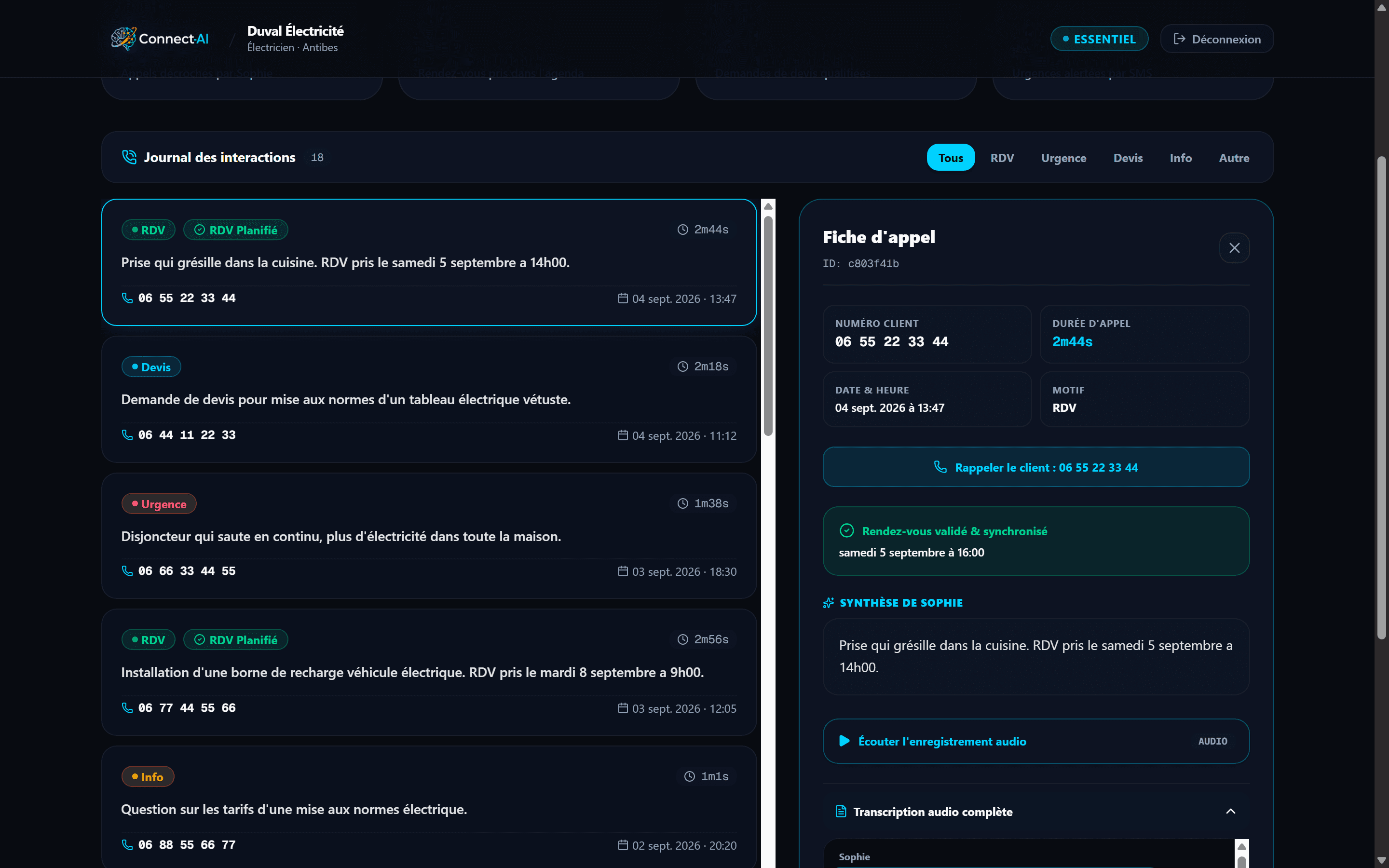 Fiche d'un appel Connect-AI : résumé de Sophie, transcript et enregistrement audio